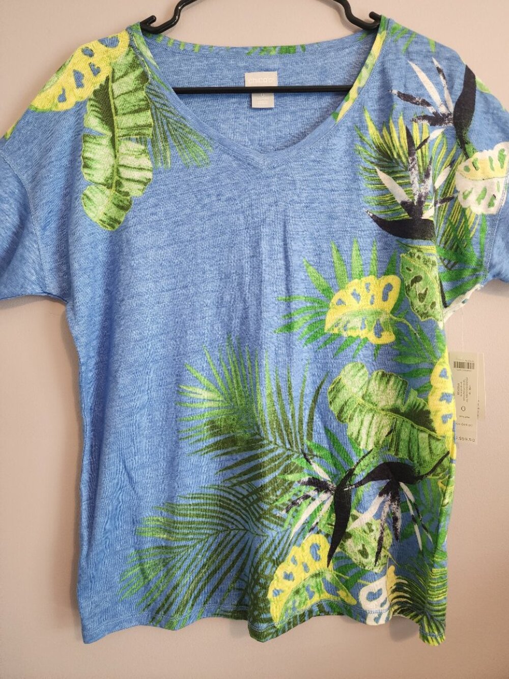 Chico's Colorful Blue Tropical V-Neck Shirt - NWT, Size Small - Picture 3 of 12